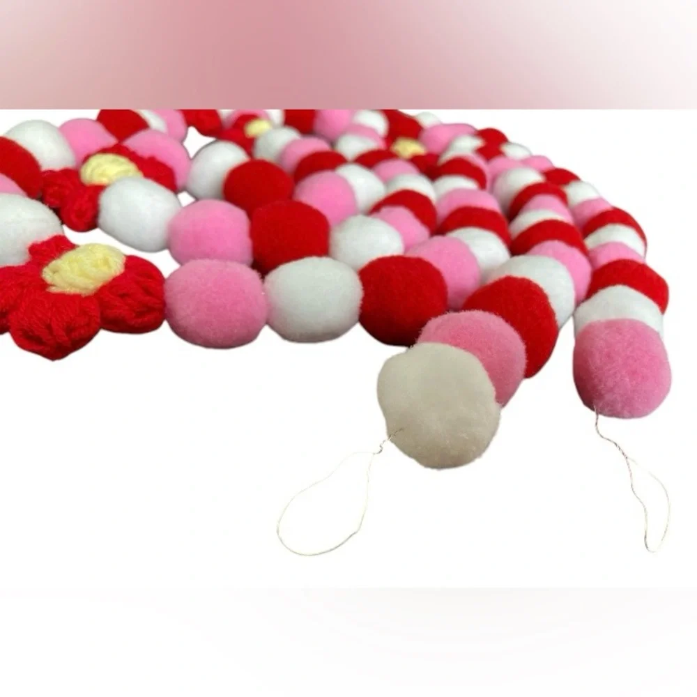 6ft Valentine's Day Red Pink White Florals Pom Pom Garland Handmade copper wire